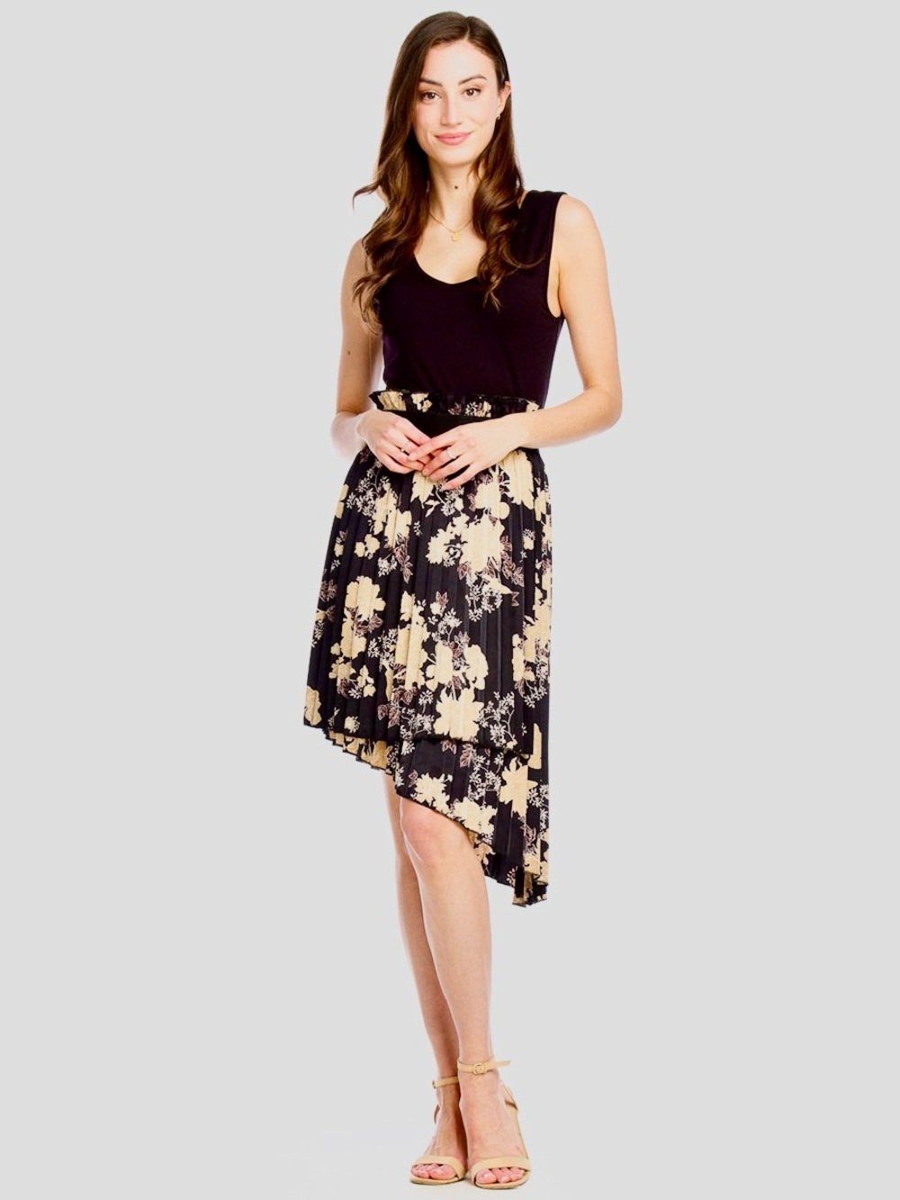 Black & Cream Floral Asymmetric Midi Skirt
